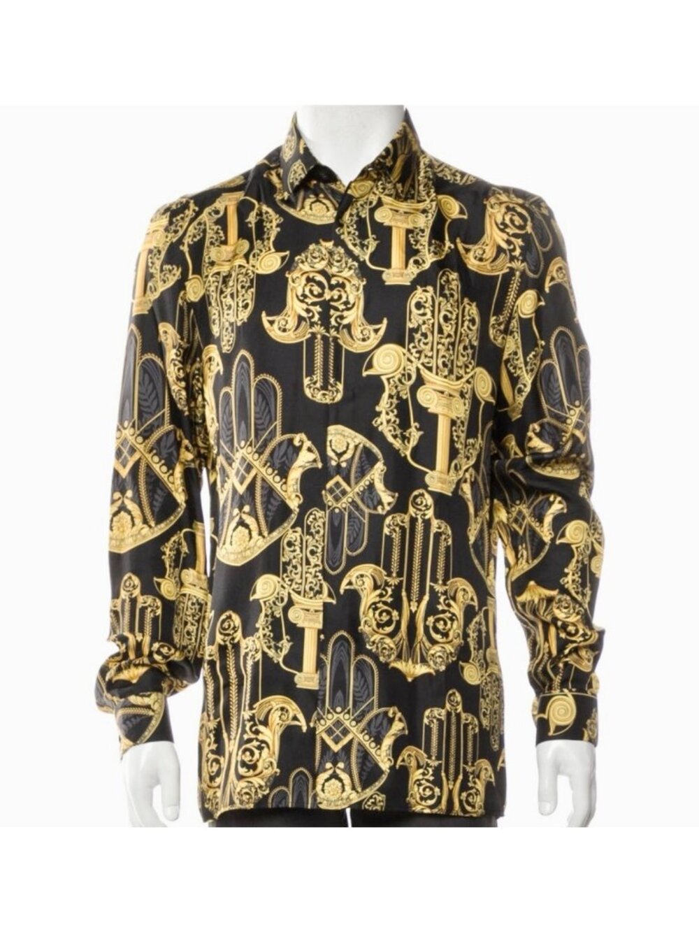 Versace Collection Silk Shirt 43 / 17 Hamsa Hand Print Black Gold